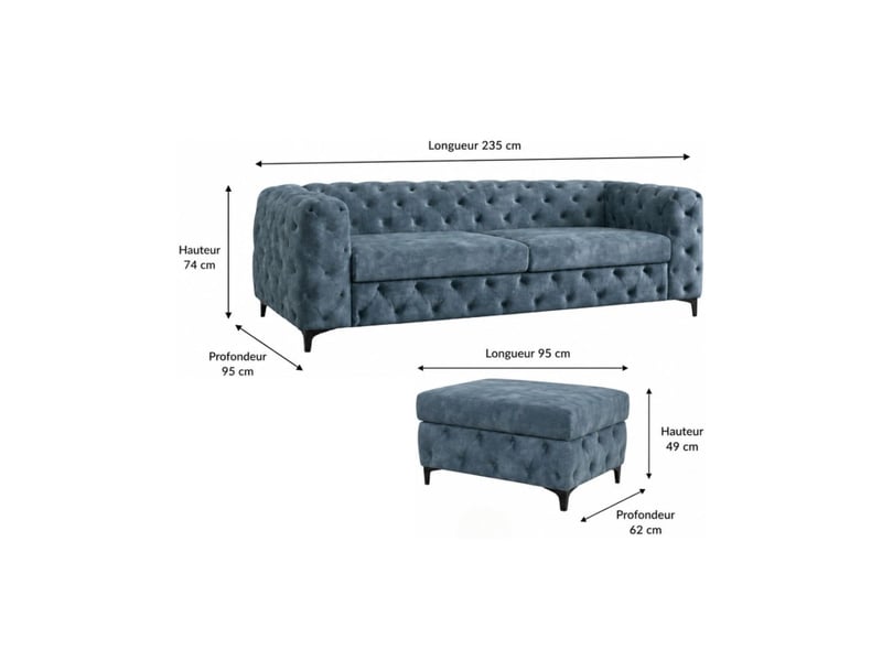Canapé d'angle velena 4 places avec pouf – velours bleu capitonné – 235 x 74 x 157 cm - Conforama C