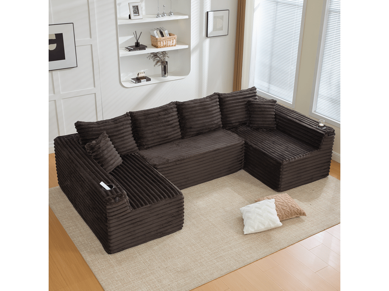  Canapé d'angle panoramique fixe 6 places tissu marron canapé compressible - Conforama E