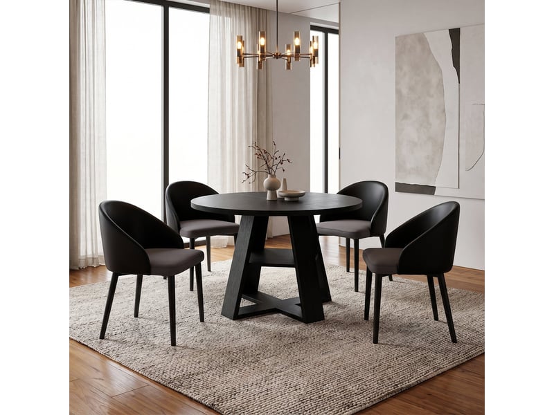 Ensemble table et 4 chaises de salle à manger – table ronde extensible 110/150x110 cm – chaises ergonomiques simili cuir noir, assise maille grise respirante - Conforama D