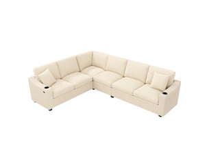Canapé d'angle modulable 6 places 277x215x85 cm en velours côtelé avec usb type-c, porte-gobelets et 2 coussins - beige