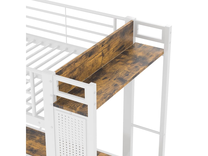  Lit mezzanine 90 x 200 cm bureau intégré penderie 4 tiroirs panneau perforé led ports usb-c métal blanc sans matelas  - Conforama E