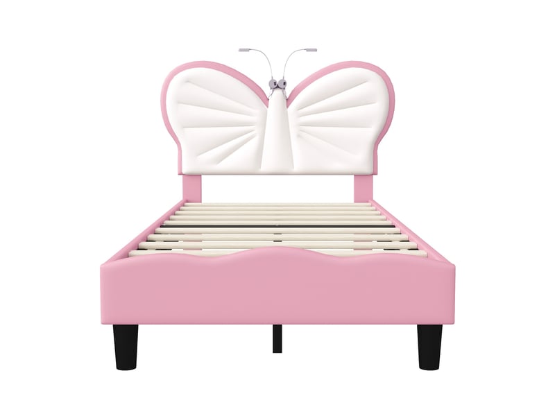 Lit enfant 90x200 avec liseuse, lits 1 personne avec tête de lits réglable en hauteur en forme de papillon, lit capitonné pour fille adolescent, velours, sans matelas (blanc + rose) - Conforama W
