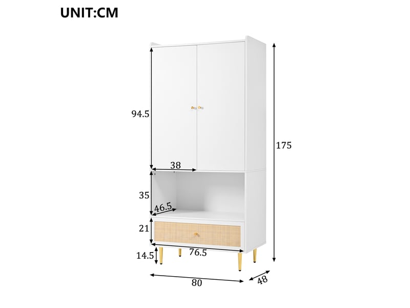  Armoire avec 2 portes, 1 tiroir en rotin et tringle, pieds métalliques, pour chambre, blanc naturel, 80 × 48 × 175 cm  - Conforama D
