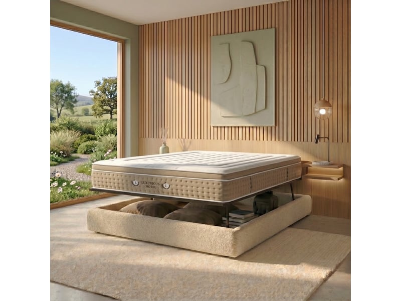  Ensemble lit coffre parallèle et matelas hôtelier ibiza 160x200 cm - tissu bouclette sable PREMIUM - Conforama B