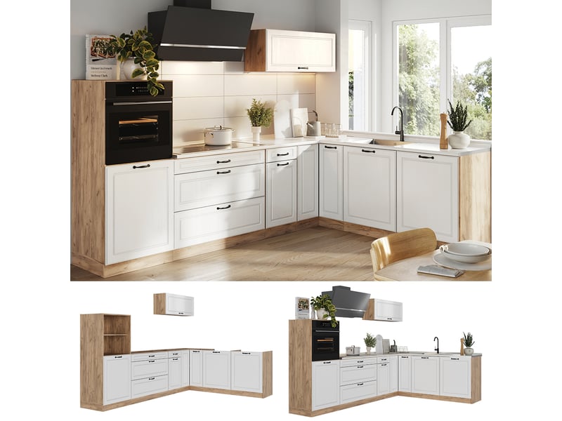 Vicco cuisine en angle, blanc campagnechêne doré, 287 x cm plan de travail marbre - Conforama D