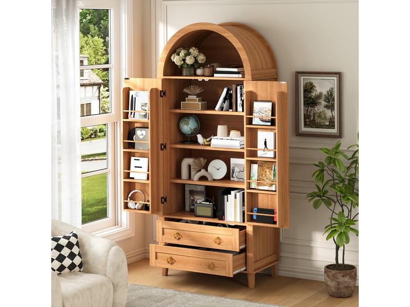  Buffet haut 76x40x179,5 cm avec niche ouverte en arc, éclairage led, 2 portes décor rotin et 2 tiroirs, mdf, naturel  - Conforama D