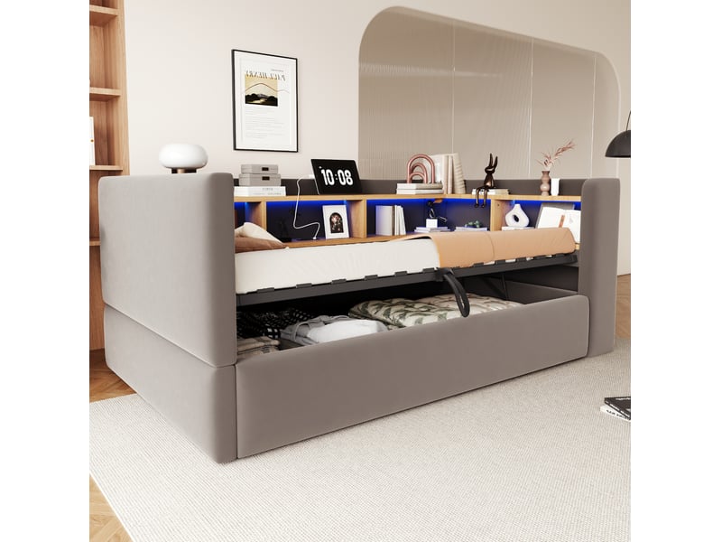  Lit simple 90 × 190 cm avec coffre hydraulique, niches de rangement, éclairage led et prises, en flanelle gris foncé  - Conforama D