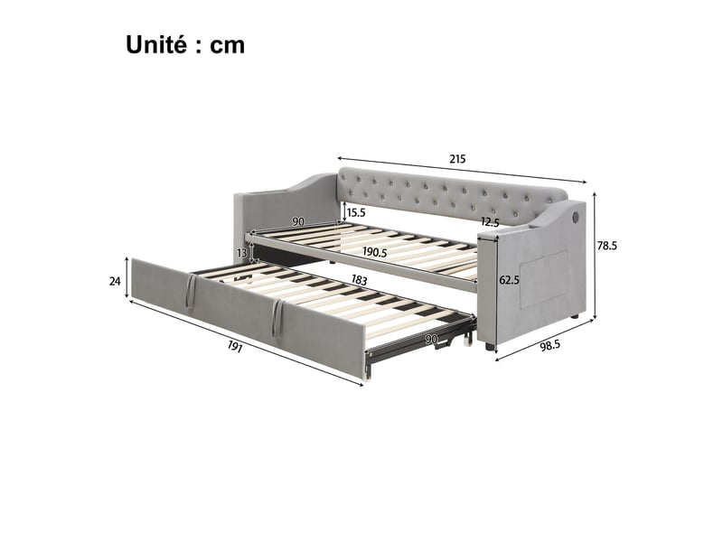  Lit gigogne 90x190 cm, velours gris, lit multifonction avec port usb et accoudoirs rangement - sans matelas  - Conforama C