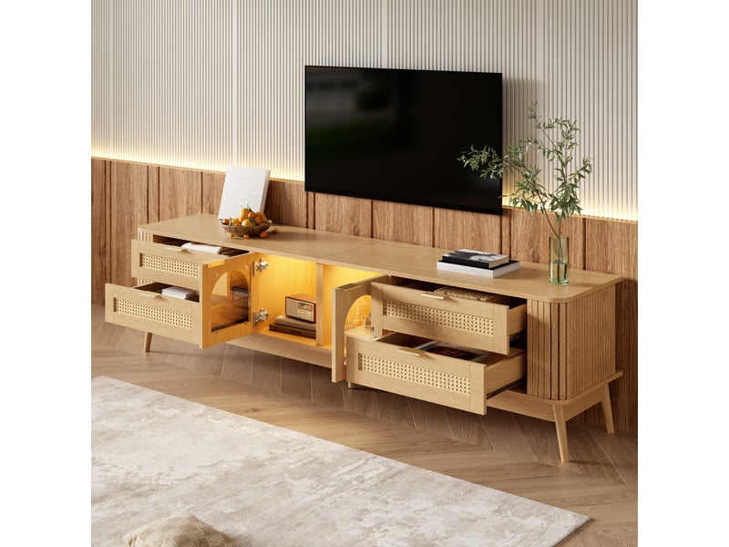  Meuble tv 180 cm avec led, 4 tiroirs en rotin, 2 portes cintrées en verre trempé, poignées métal, pieds en bois massif, naturel Sol Morn - Conforama D