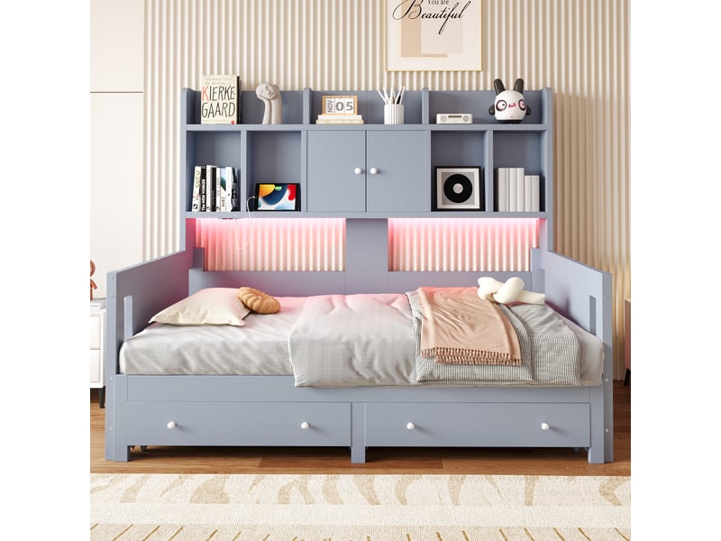 Lit gigogne 90x190 cm avec rangement - canapé lit extensible 180x190 cm - 2 tiroirs, led et prise - bois gris - Conforama D