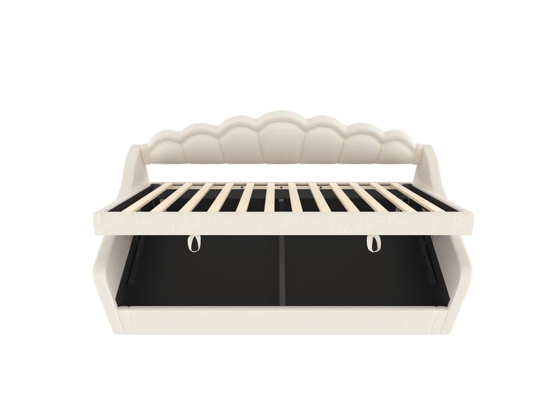  Lit coffre enfant 90x200cm avec éclairage led multicolore, design ondulé, velours, beige, sans matelas  - Conforama E