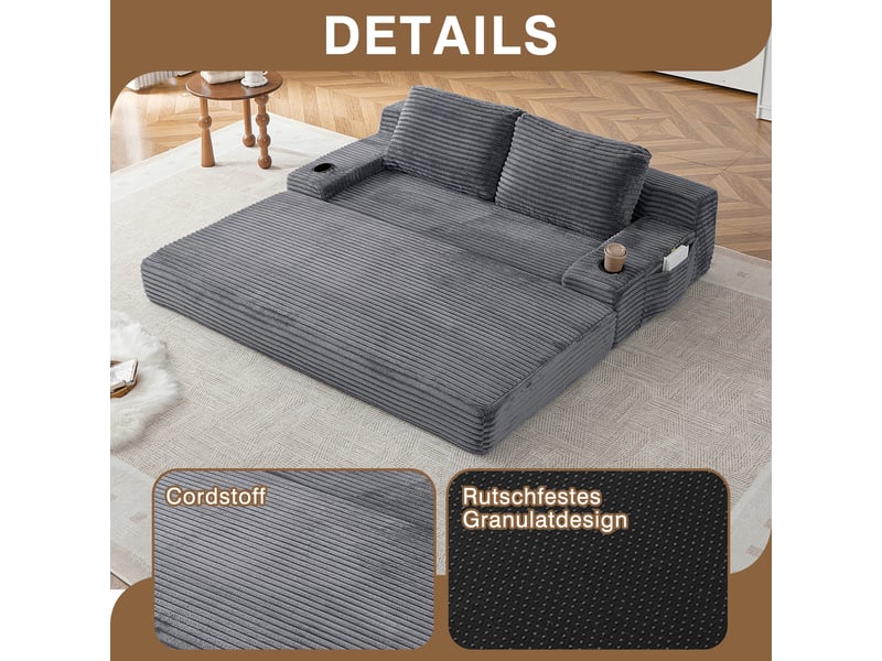 Canapé convertible 2-en-1 en velours côtelé 2 places, 2 coussins inclus, porte-gobelets, rangements latéraux - Conforama R
