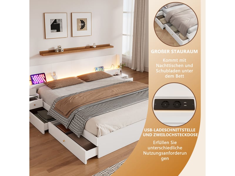 Lit double 180x200 cm bois blanc led usb commande app chevets tiroirs sans matelas - Conforama D