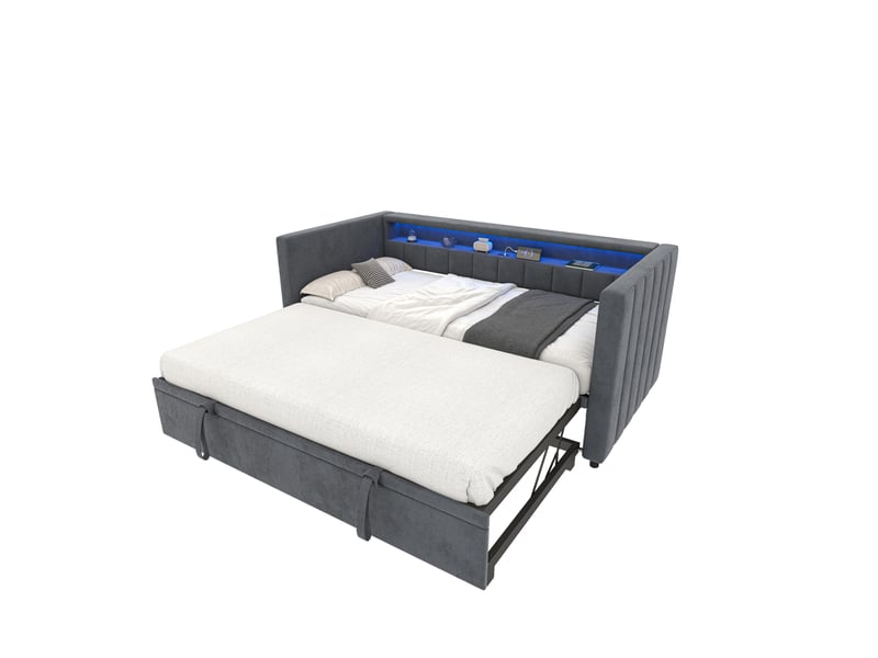  Modenvie banquette-lit gigogne 90x190 cm - velours avec led et port usb-c, sans matelas - gris  - Conforama A