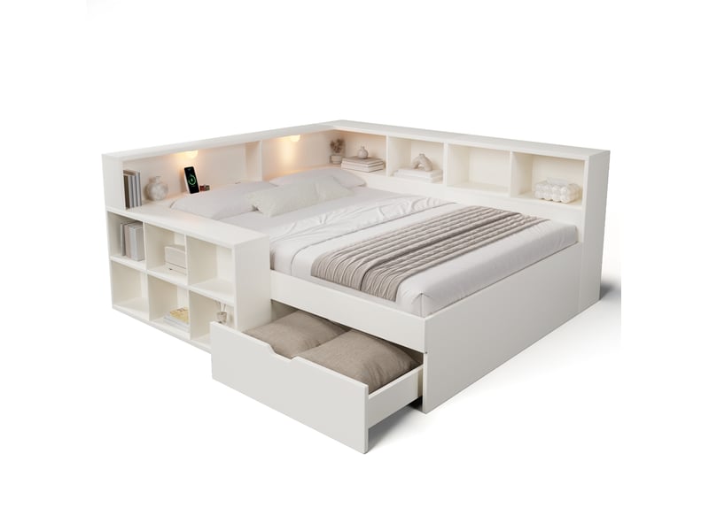  Lit banquette 140x200 cm avec rangement, led de lecture et ports usb-c, blanc, sans matelas  - Conforama A