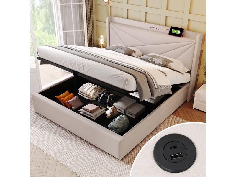  Modenvie lit coffre 180x200 cm - avec rangement intégré, ports usb et usb-c - sans matelas - beige  - Conforama E