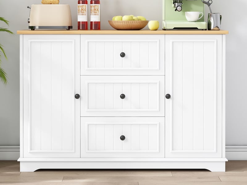Buffet, avec 3 tiroirs et des portes de style réfrigérateur, meuble de rangement pour salle à manger, salon, blanc  - Conforama B