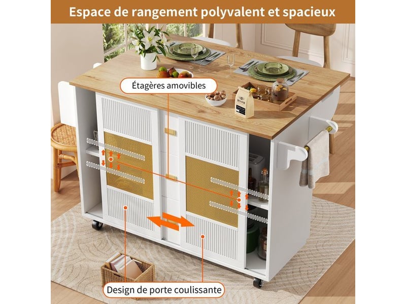 Îlot de cuisine - truxen8 - blanc - extensible - roulettes - porte-serviettes  - Conforama D
