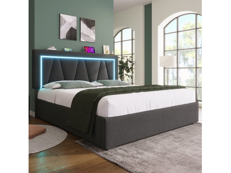  Modenvie lit coffre 140x200 cm - led, ports usb et usb-c, tête de lit réglable, avec matelas - gris  - Conforama D