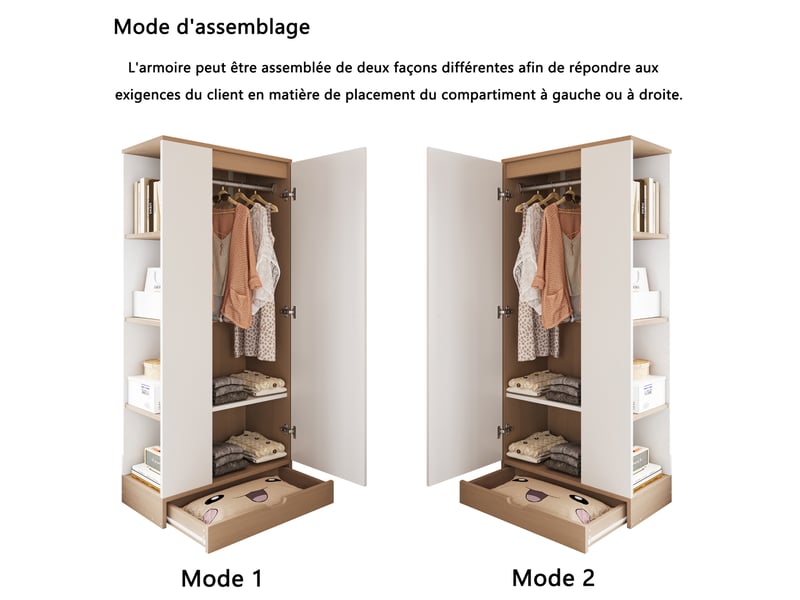  Armoire chambre 70x40x170 cm - 1 porte, étagères réglables, tiroirs, rangement vêtements, blanc et naturel  - Conforama E