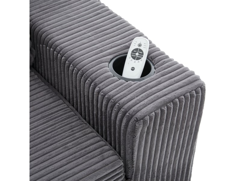  Canapé droit convertible 2 places en velours côtelé gris avec poches latérales et deux coussins, style nordique  - Conforama D