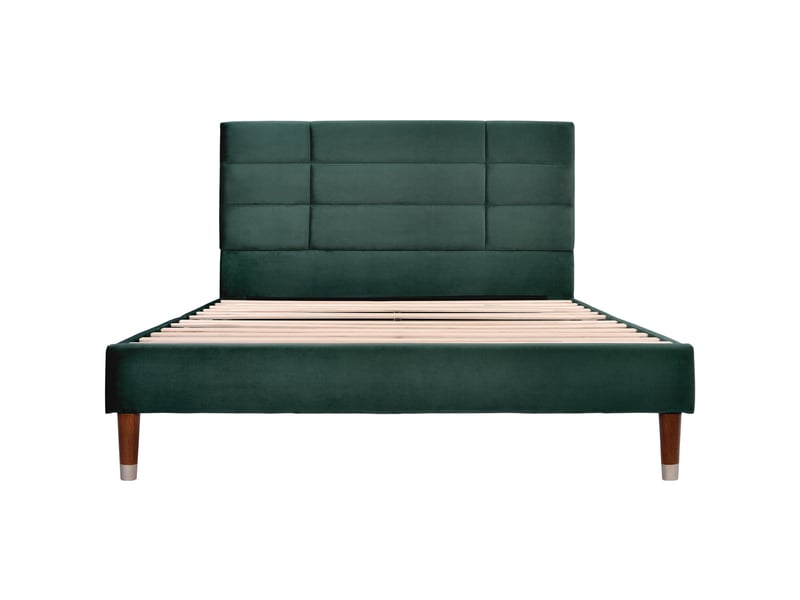  Lit 140x200 cm capitonné en velours vert – tête de lit, sommier à lattes et matelas à ressorts inclus  - Conforama D