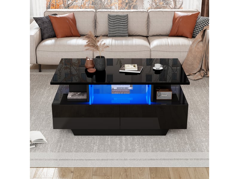  Table basse noire brillante avec led intégrée, 2 tiroirs de rangement, 90x55x41 cm, charge 30 kg  - Conforama E