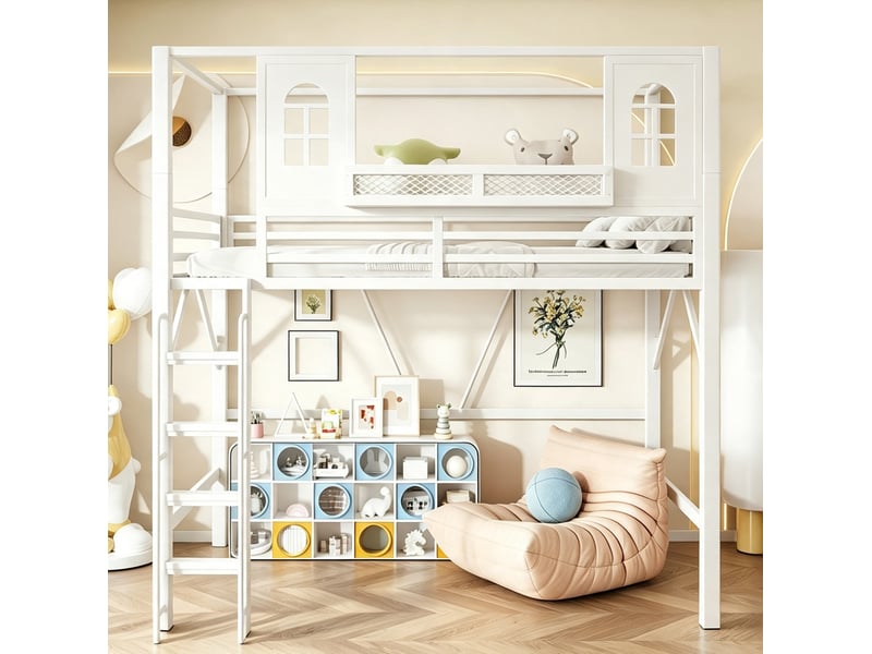  Lit mezzanine enfant 90 x 200 cm blanc en métal et mdf, toit avec fenêtres et étagère, sans matelas  - Conforama D