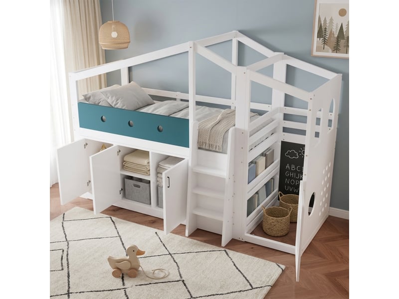  Lit enfant semi-haut 90x200cm blanc, forme maison, coin jeu, armoire et échelle  - Conforama C
