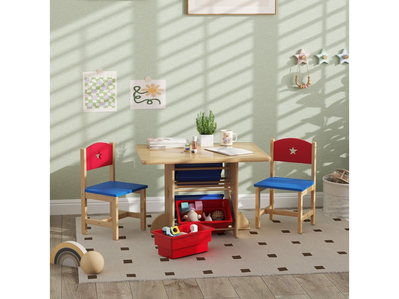  Table enfant avec 2 chaises et 4 paniers de rangement, ensemble de mobilier pour enfants de 3 ans et plus, couleur naturelle  - Conforama C