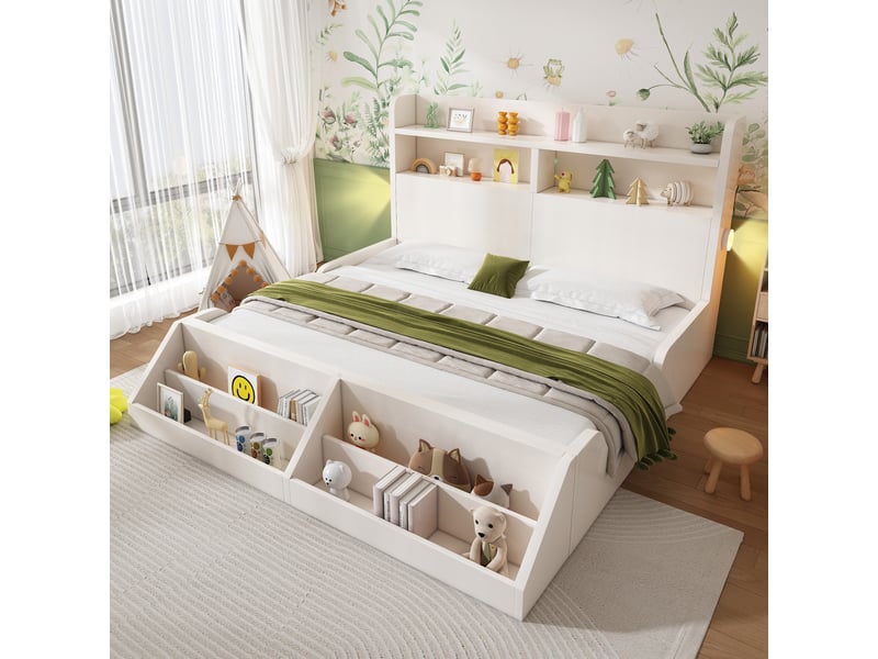  Lit enfant 140x200 cm en bois avec étagères, veilleuses magnétiques et bibliothèque amovible, lit adolescent avec sommier - blanc (sans matelas)  - Conforama B