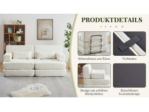 Canapé-lit modulable 1 place 2-en-1 – beige – chenille pliable avec dossier haut et structure en métal