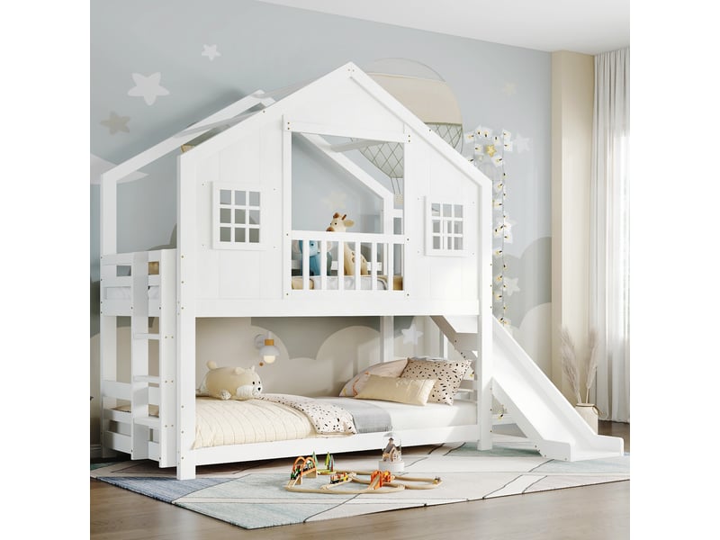 Lit superposé enfant 90x200 cm - lit cabane avec toit et fenêtres, toboggan et échelle en bois blanc, sans matelas  - Conforama C