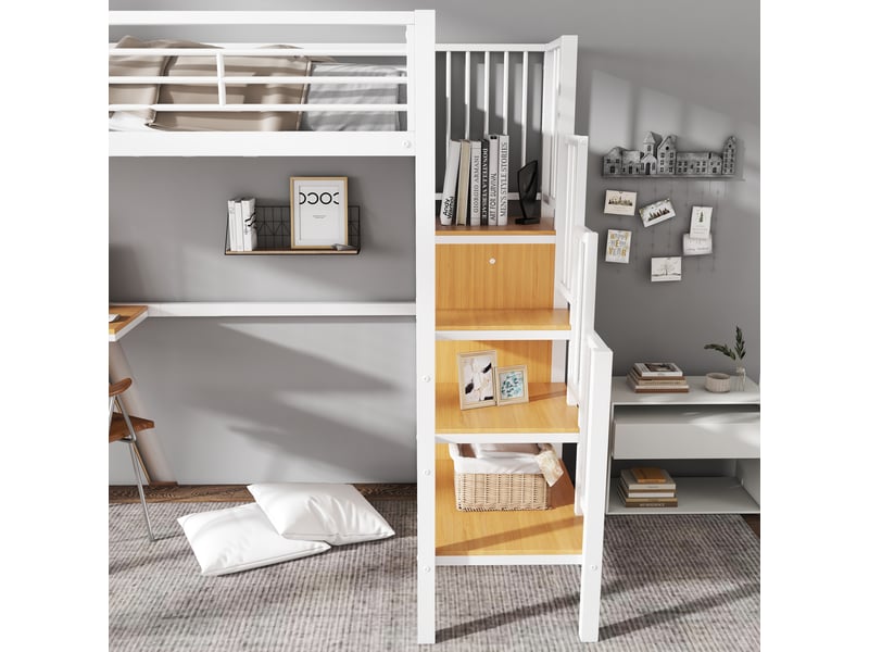  Lit mezzanine enfant 200×90 cm avec armoire et bureau intégrés, escalier latéral, en métal et mdf blanc et naturel  - Conforama E