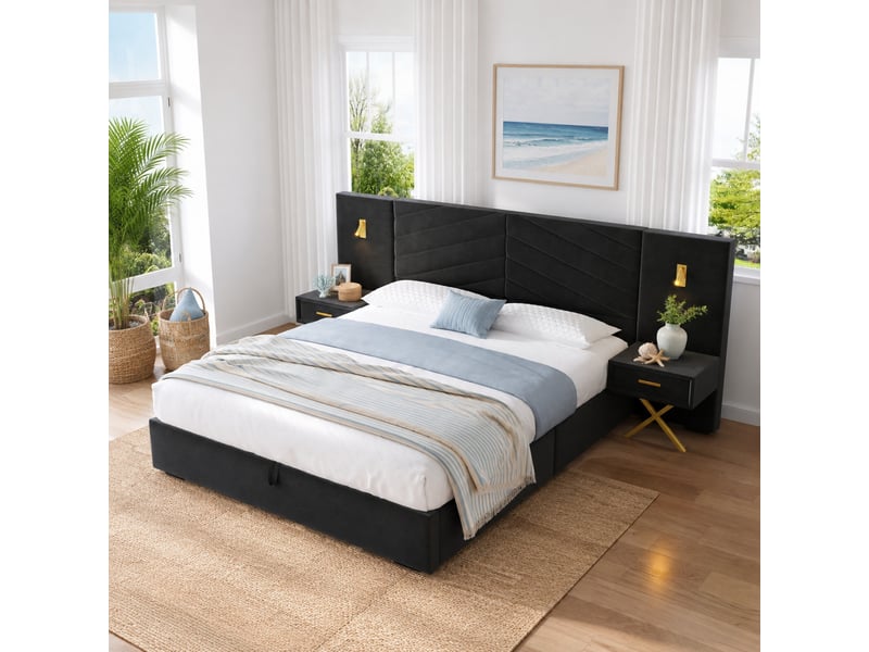 Cadre de lit avec rangement relevable noir en velours 266 x 205 x 117 cm - Conforama D