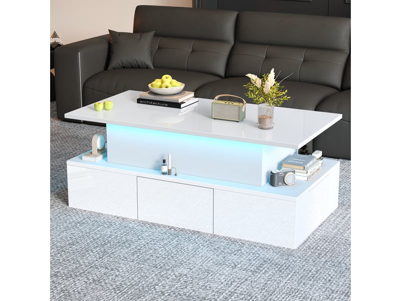  Table basse relevable 100x50x40 cm, table de salon blanche avec éclairage led, 4 tiroirs et espace caché  - Conforama E