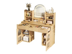 Grande coiffeuse chambre coucher éclairage led miroir 3 tiroirs 2 armoires vitrées étagères bois