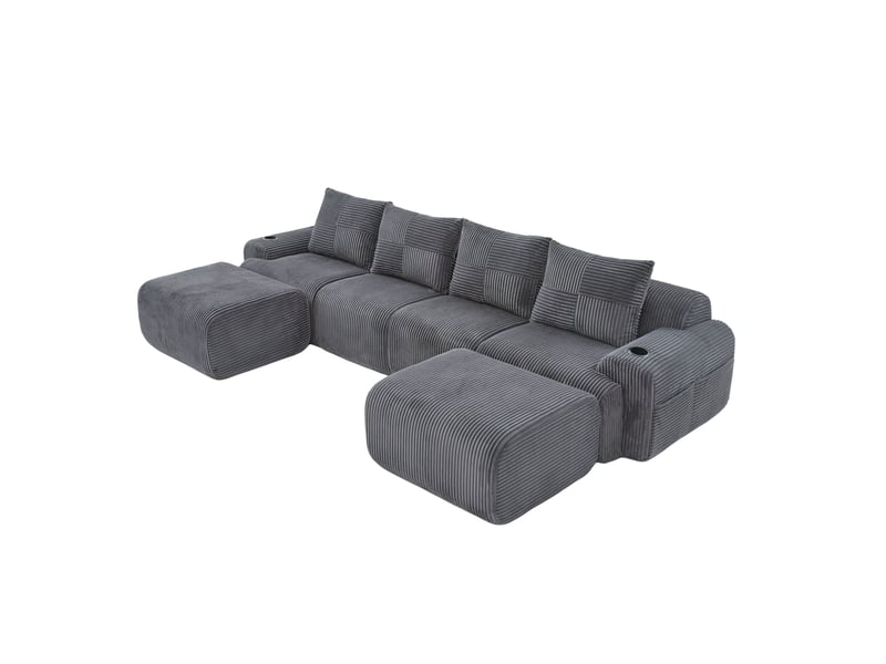  Canapé modulable 4 places 333x174x80 cm, poche latérale, porte-gobelet incorporé, personnalisable, velours côtelé gris foncé  - Conforama A