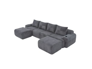 Canapé modulable 4 places 333x174x80 cm, poche latérale, porte-gobelet incorporé, personnalisable, velours côtelé gris foncé