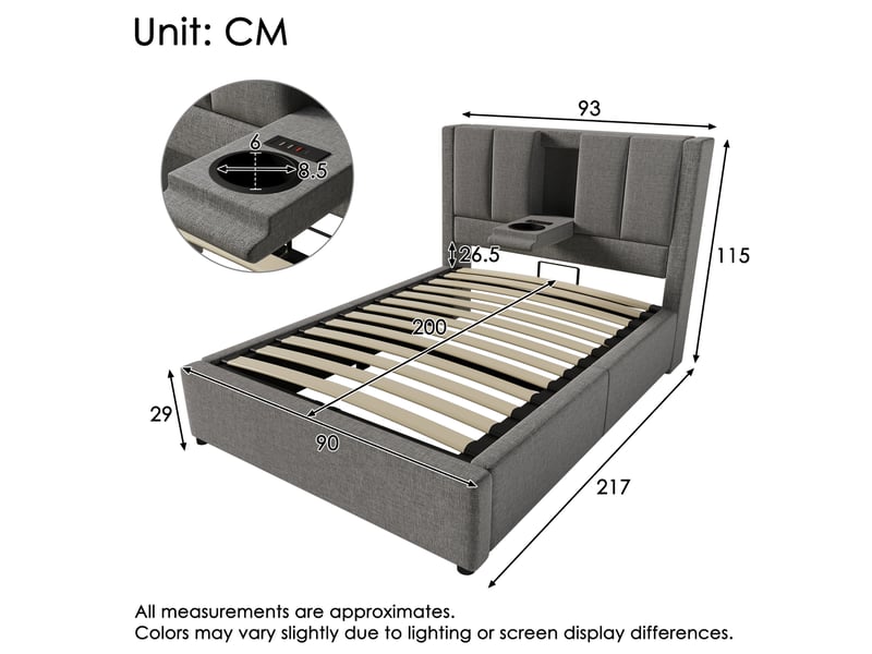  Lit coffre 90 × 200 cm 1 place avec rangement hydraulique, usb, type-c et porte-gobelet, matelas inclus, lin gris  - Conforama D