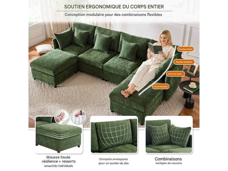  Canapé modulable en tissu chenille avec 2 poufs et 6 coussins vert N653P97714123Q - Conforama D