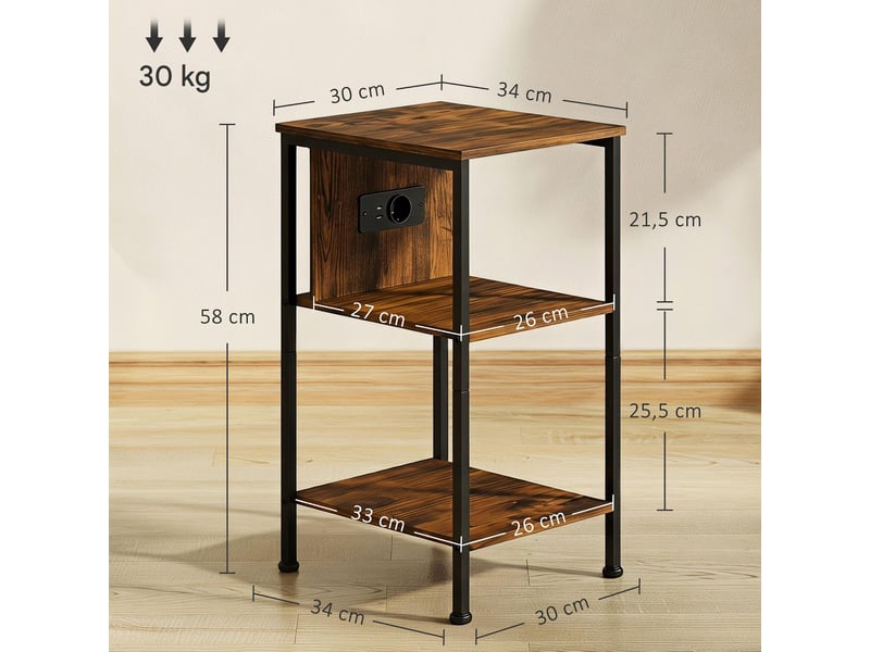  Table d'appoint avec station de charge et 2 étagères 34 x 30 x 58 cm  - Conforama C