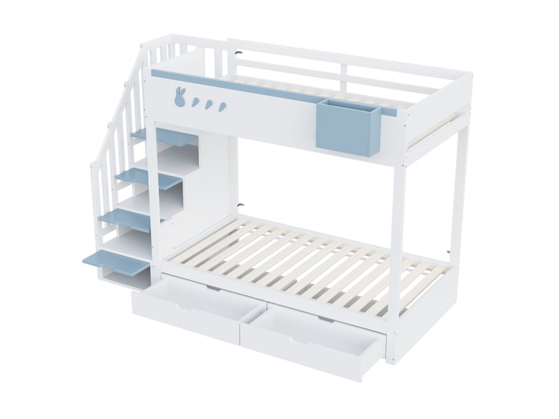  Lit superposé enfant 90x200 cm motifs lapin et carotte, rangement, chambre ludique, bois, blanc et bleu sans matelas  - Conforama E