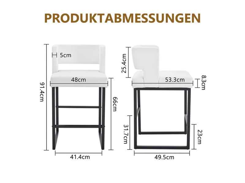  Lot de 2 tabourets de bar 49.5x41.4x91.4cm – design carré moderne et confortable avec sièges en cuir - pieds en métal noir - blanc  - Conforama C
