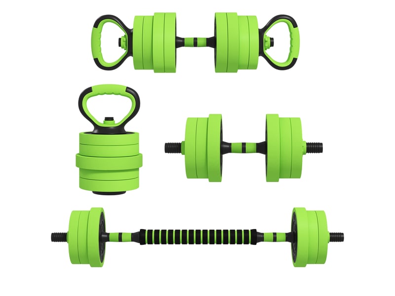  Ensemble d'haltères 4 en 1, 20 kg, réglable, comprenant haltères, barre, kettlebell et poignées pour pompes (vert).  - Conforama B