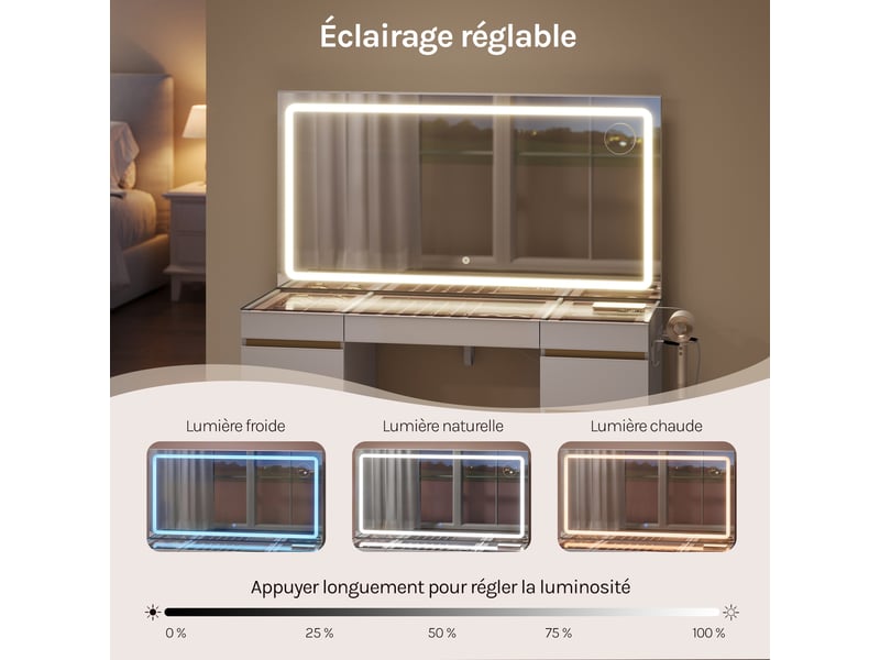  Coiffeuse avec miroir led, 11 tiroirs, station de charge, plateau en verre，112x40x133 cm，blanc+doré  - Conforama E