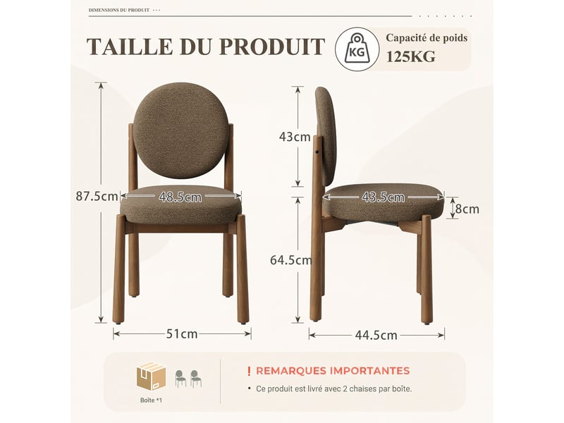  Lot de 2 chaises de salle à manger design moderne, dossier rond confortable, assise épaisse rembourrée, pieds en bois robustes, structure stable pour cuisine et salon, marron foncé  - Conforama C