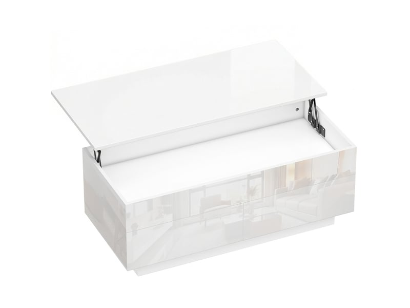 Table basse relevable avec rangement caché et 2 tiroirs, plateau à gaz pour salon, blanc brillant 102 × 48 × 40 cm  - Conforama A