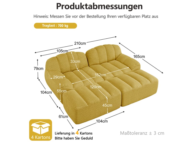  Canapé panoramique coquille 2 places, 2 poufs jaune – 210 x 165 x 79 cm Fay Lum - Conforama C