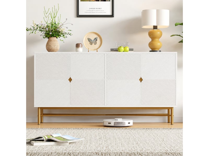 Buffet blanc quatre portes, façades en relief, poignées dorées brossées, fermeture amortie, 160 × 40 × 82 cm - Conforama E